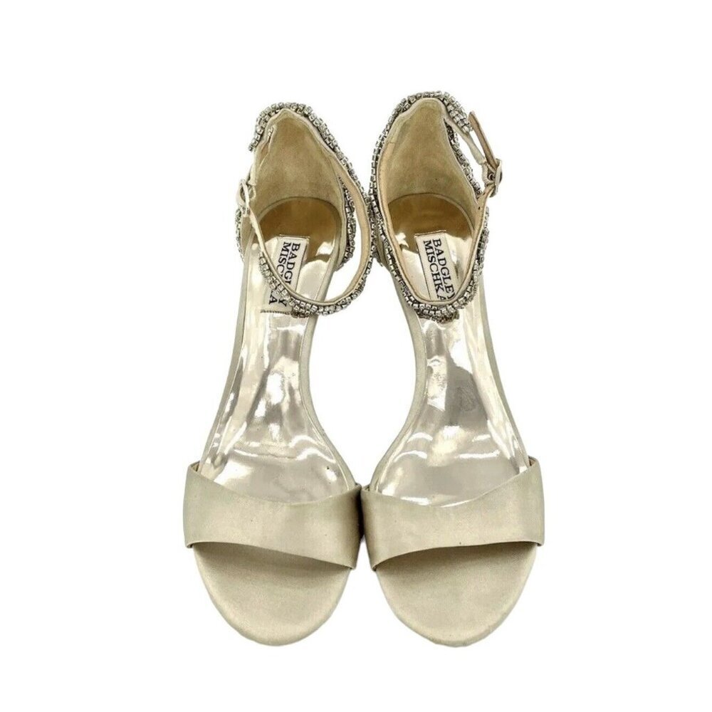 Badgley Mischka Yareli Beige Satin Kitten Heel Rhinestone Sandals SZ 7.5 - Picture 11 of 12